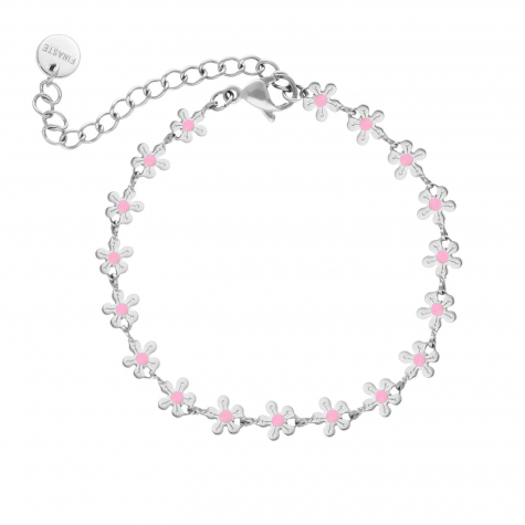 Zilveren armband met bloemetjes met roze details