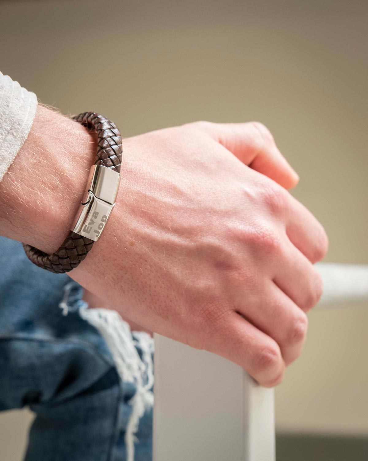 Graveerbare leren mannen armband bruin