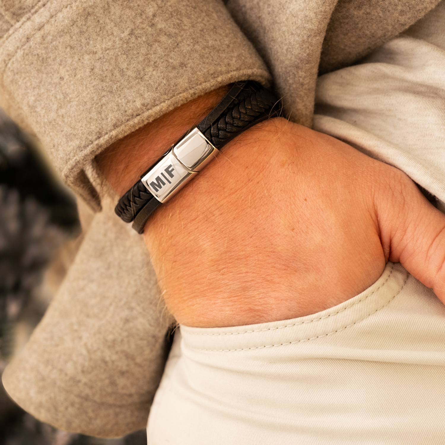 Leren mannen armband met naam zilver