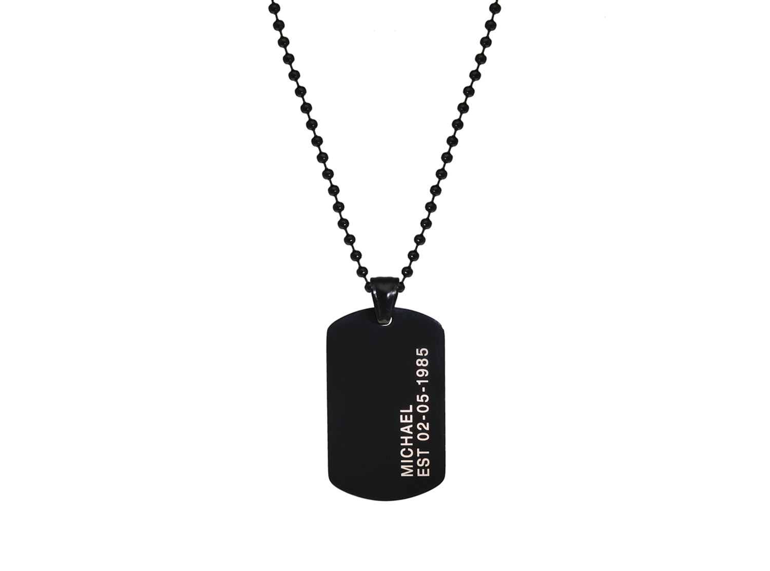 Dog tag ketting met naam en datum zwart