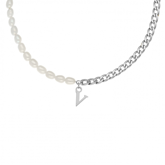 Initial ketting chain & pearl kleur zilver