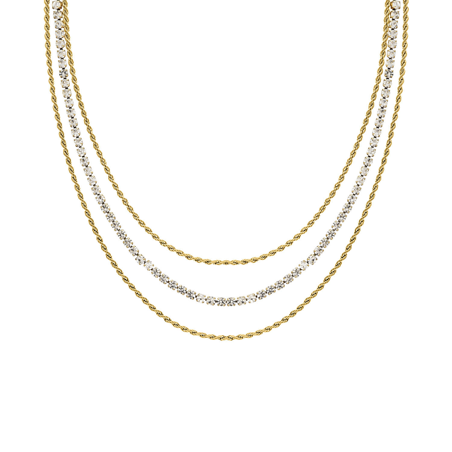 Triple Chain & Tennis Necklace Goudkleurig