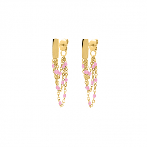 Gouden ketting oorbellen met roze bolletjes 