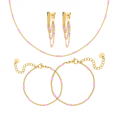 Gouden sieraden met roze bolletjes 