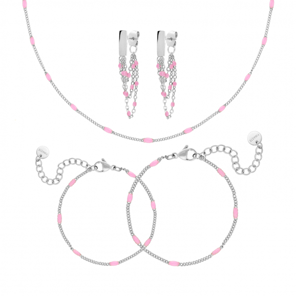 Zilveren sieraden met roze bolletjes 
