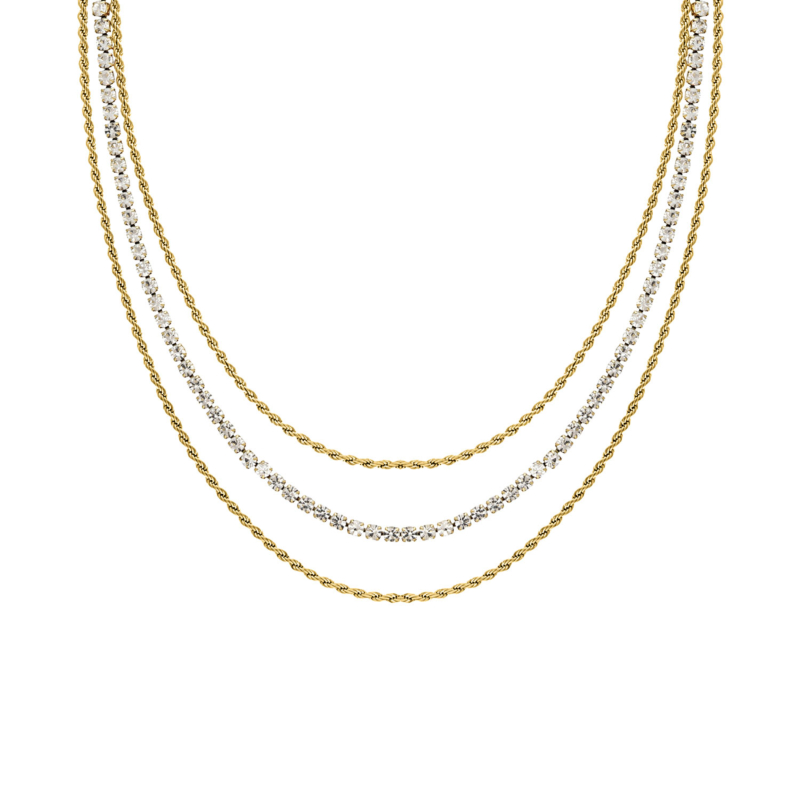 Triple Chain & Tennis Necklace Goudkleurig