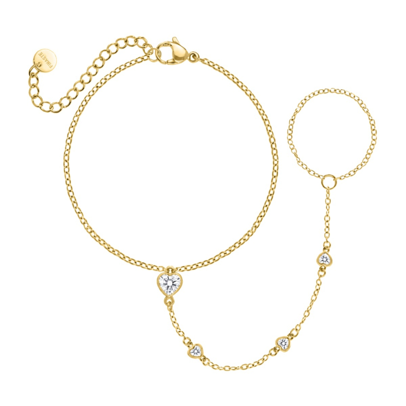 Hand chain met hartjes steentjes goudkleurig