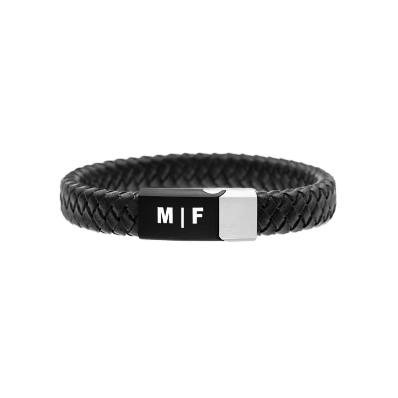 Graveerbare leren mannen armband zwart/zilver