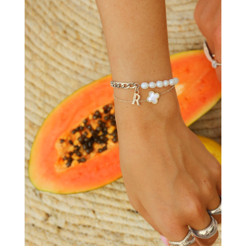 Initial armband chain & pearl kleur zilver