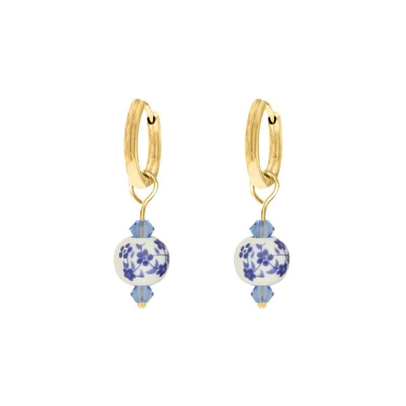Mini oorbellen blauw wit goudkleurig