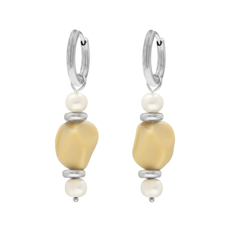 Oorbellen beige steen & pareltjes zilver