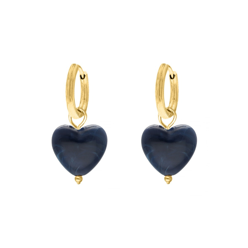 Oorringetjes donkerblauw hartje goudkleurig
