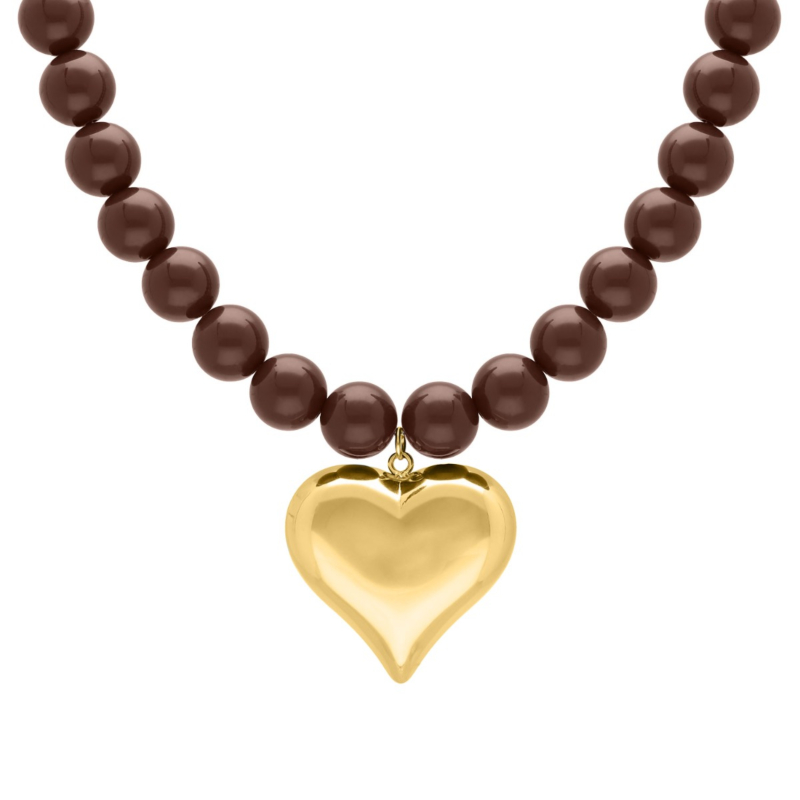 Bruine kralen ketting met hart goudkleurig