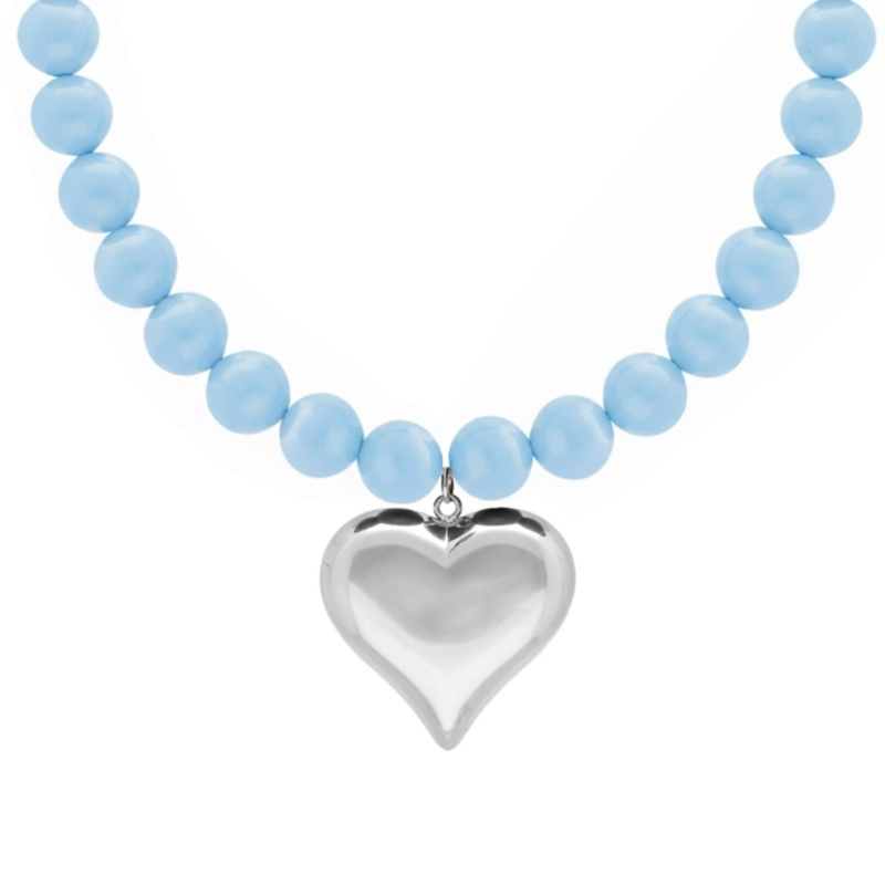 Blauwe kralenketting met zilver hart