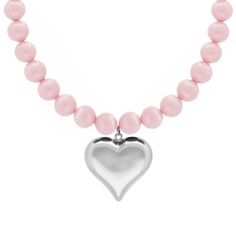 Roze kralenketting met zilver hart