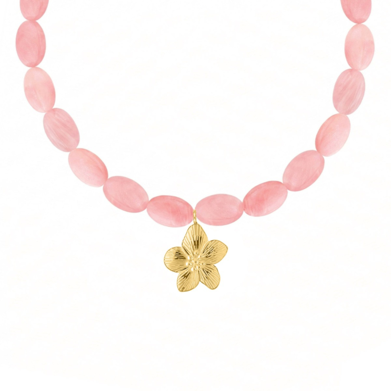 Ovale kralen ketting roze met bloem goudkleurig