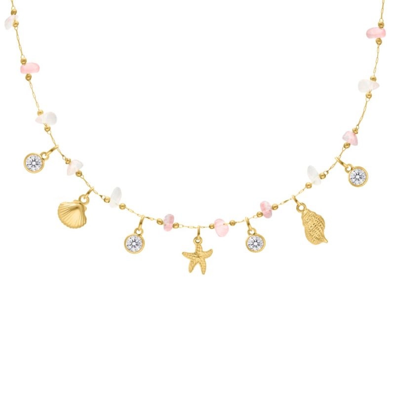 Bedelketting roze steentjes & zee bedels goudkleurig