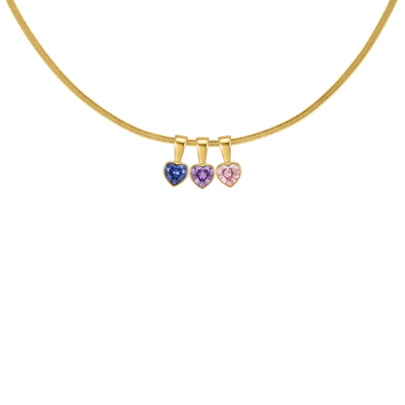 Geboortesteen ketting met 3 hartjes goudkleurig