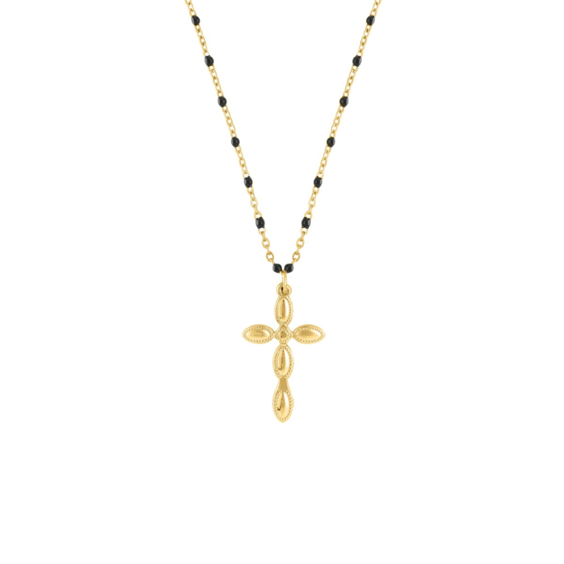 Kruisketting met zwarte bolletjes goudkleurig