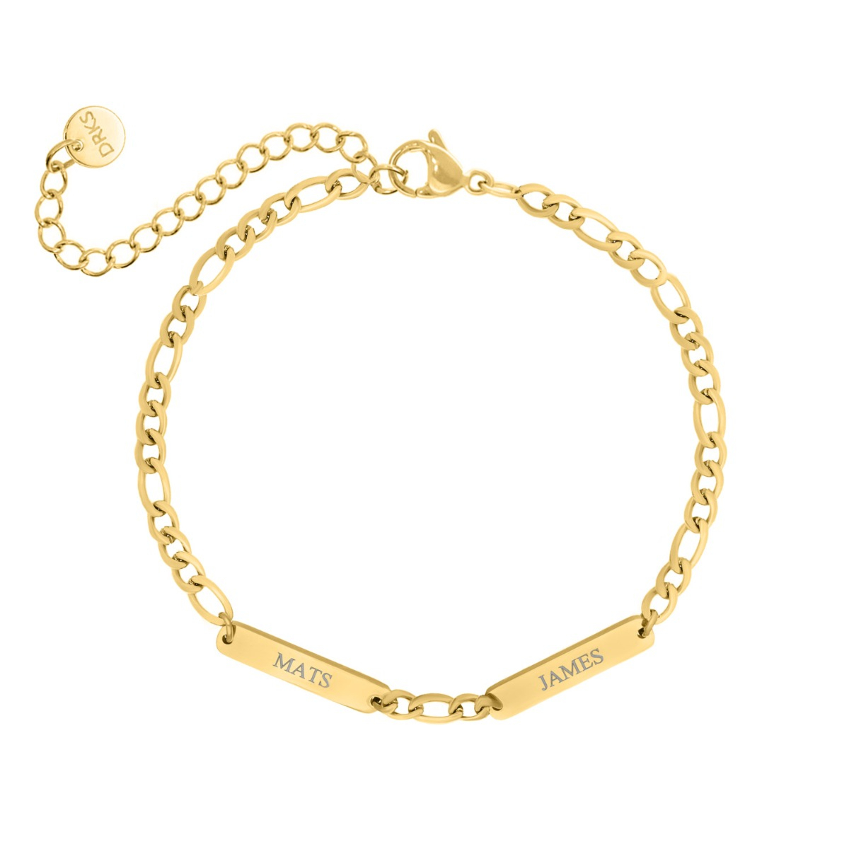 Schakelarmband met twee graveerbare plaatjes goud