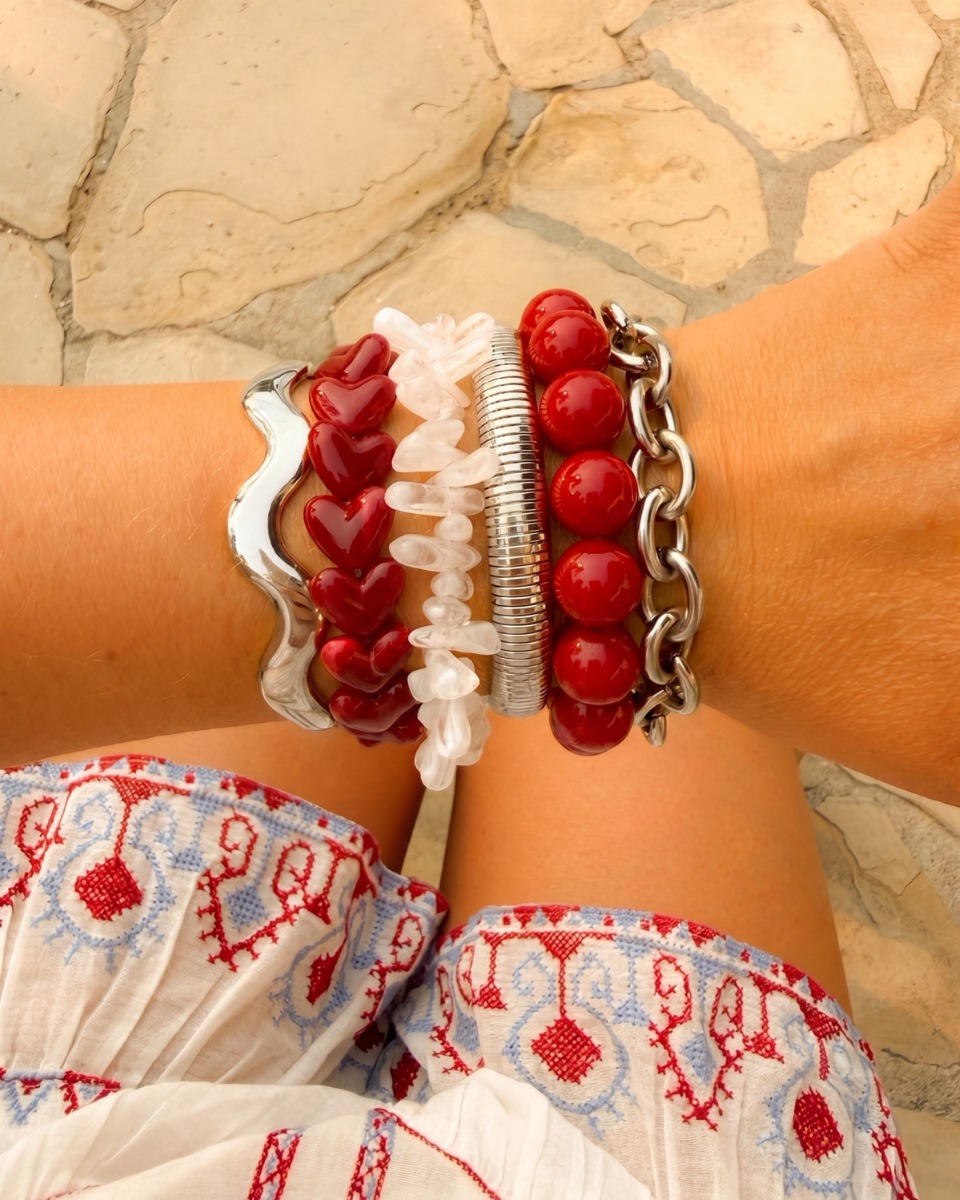 Rode kralen armparty zilver