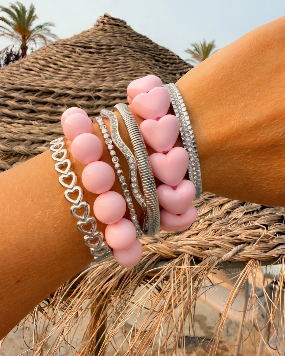 Roze kralen armparty zilver