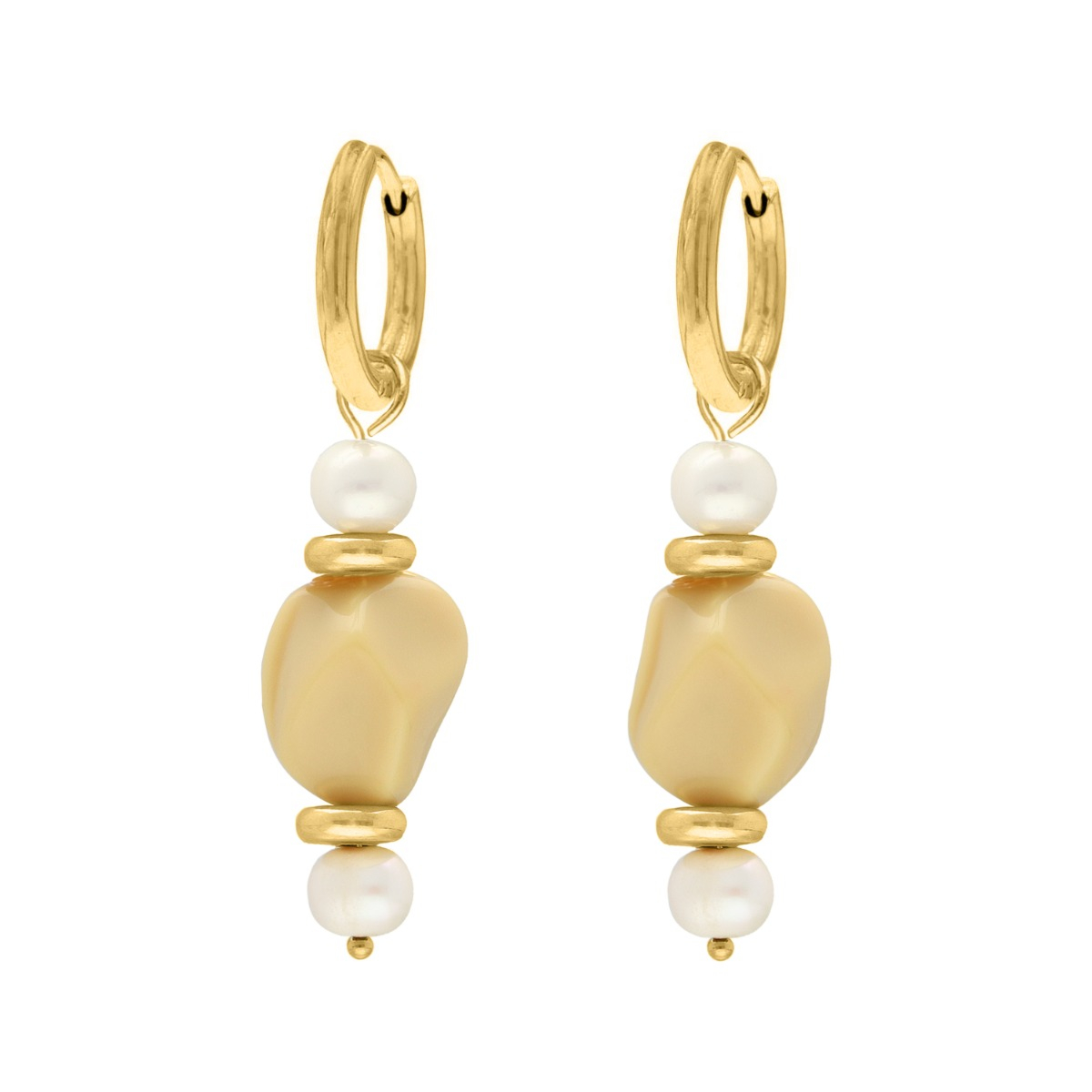 Oorbellen beige steen & pareltjes goudkleurig