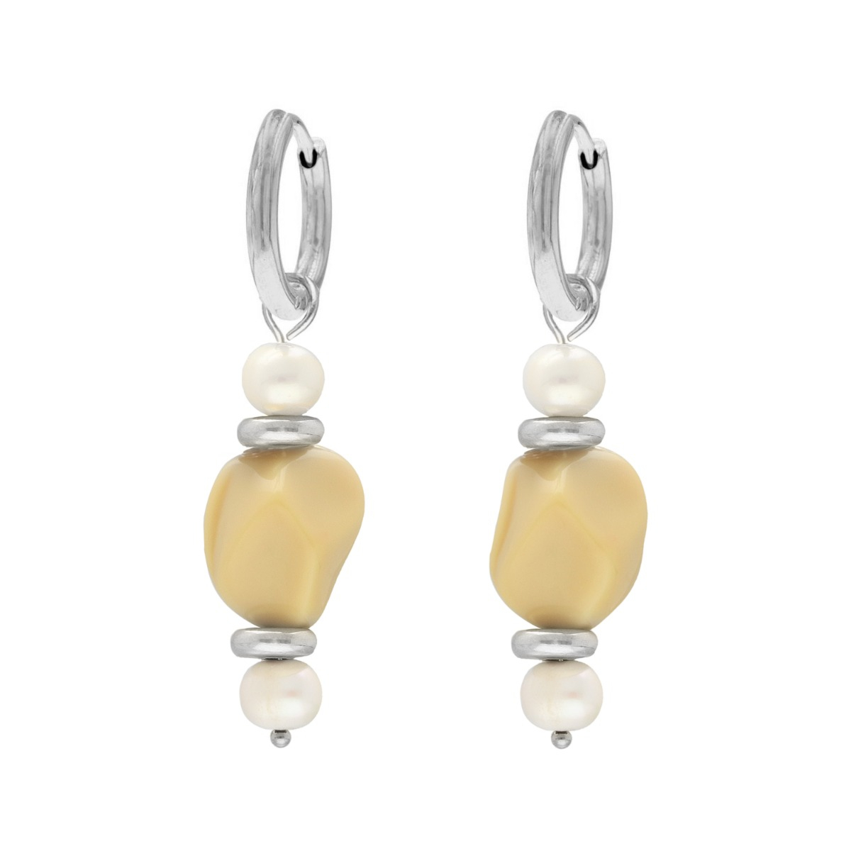 Oorbellen beige steen & pareltjes zilver