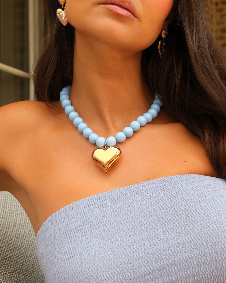 Blauw kralen ketting met groot hart