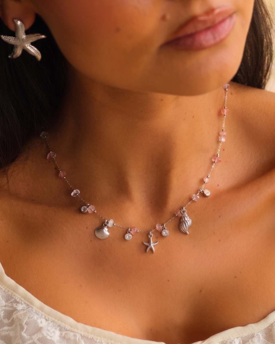 Zilveren bedelketting roze steentjes