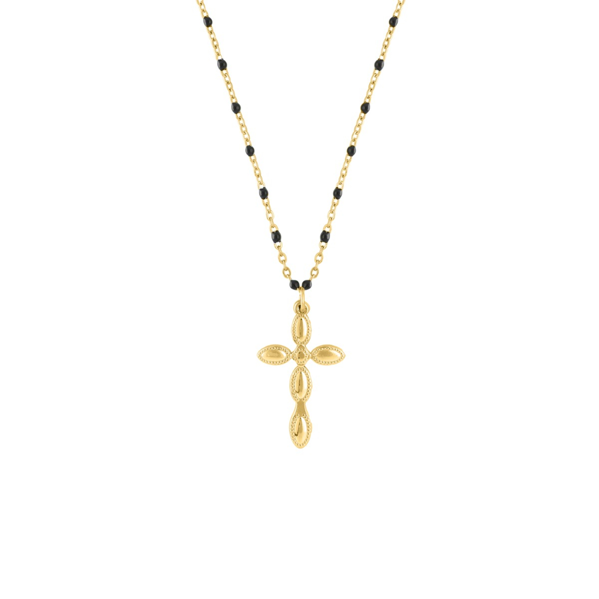 Kruisketting met zwarte bolletjes goudkleurig