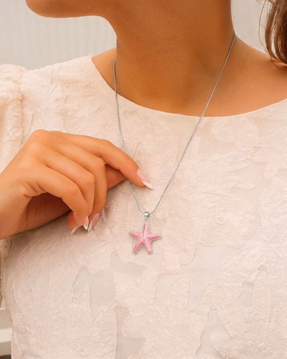 Zilveren zeester ketting roze
