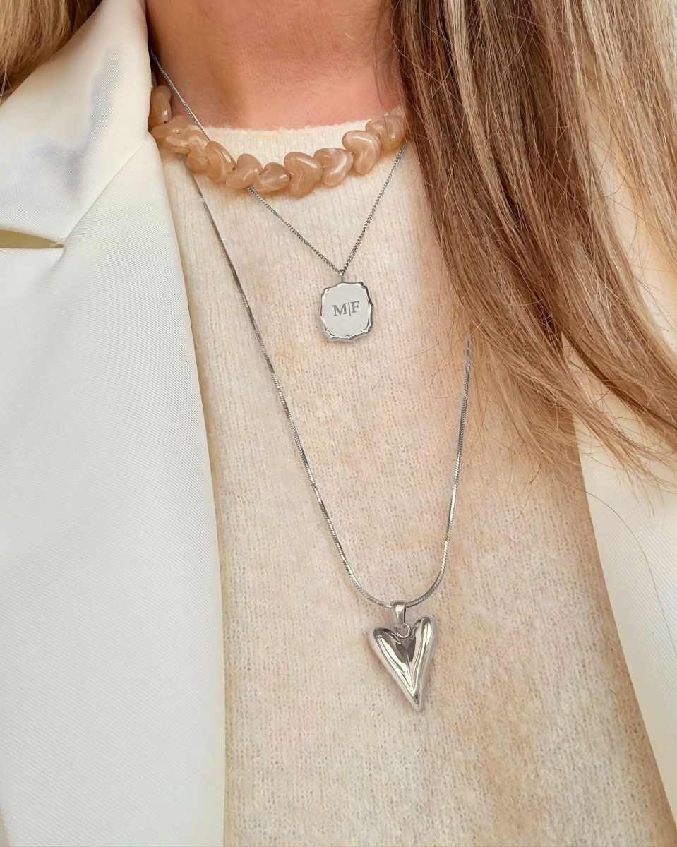 zilveren necklace layer met graveerbare ketting en kralen ketting met hartjes