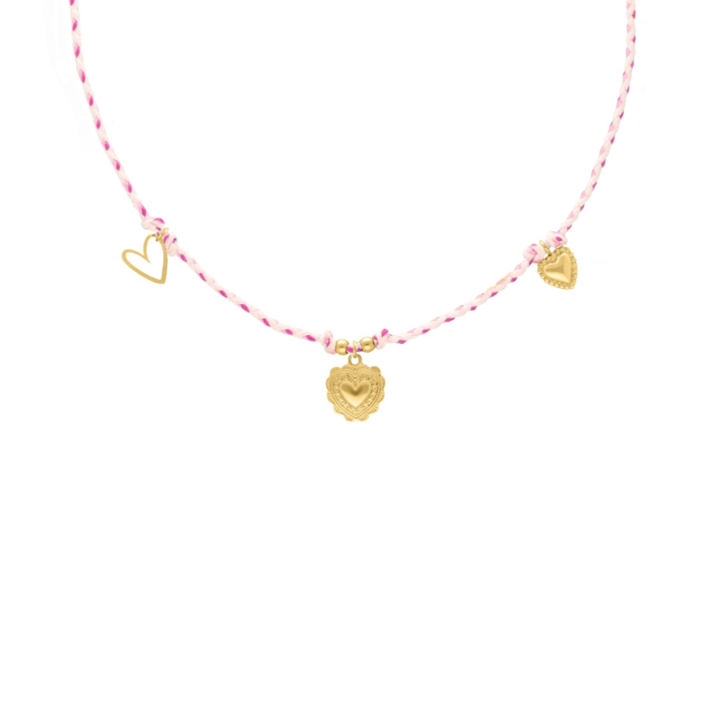 Roze touw ketting met hartjes bedels goudkleurig