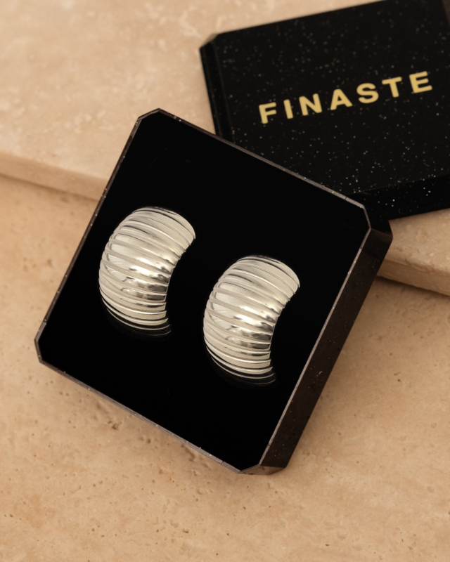 Zilveren chunky striped hoops in sieradendoosje