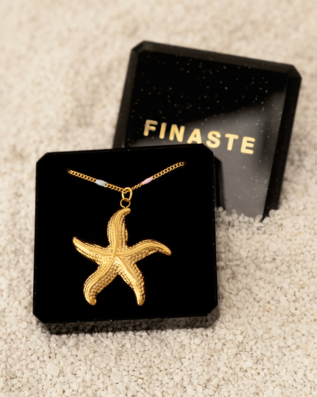 Gouden zeester ketting met pastel in sieradendoosje