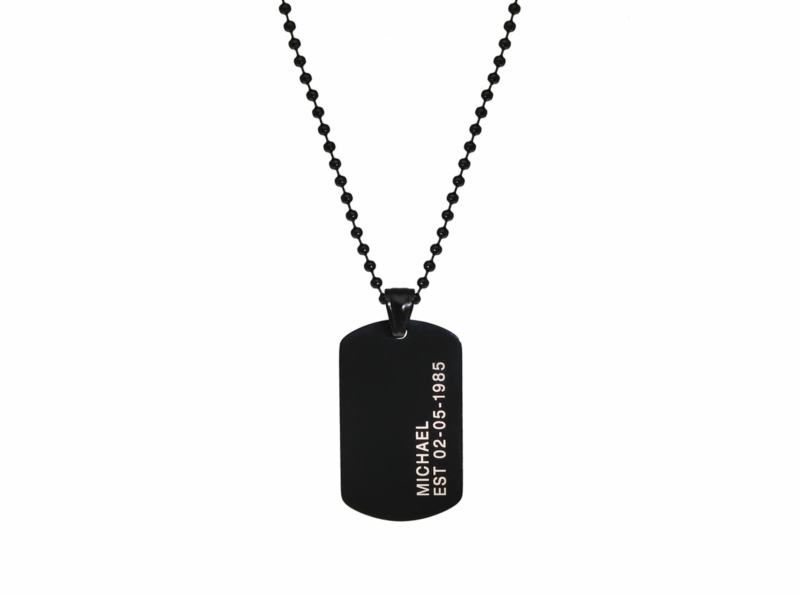 Dog tag ketting met naam en datum zwart