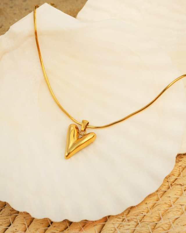 gouden ketting met hartje op witte schelp