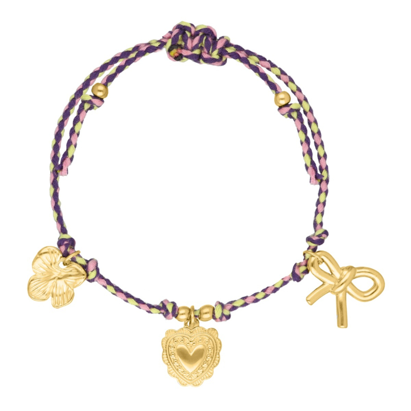 Touw armbandje paars met bedels goudkleurig