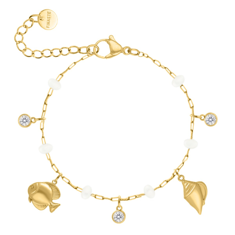 Bedelarmband witte steentjes en zee bedels goudkleurig