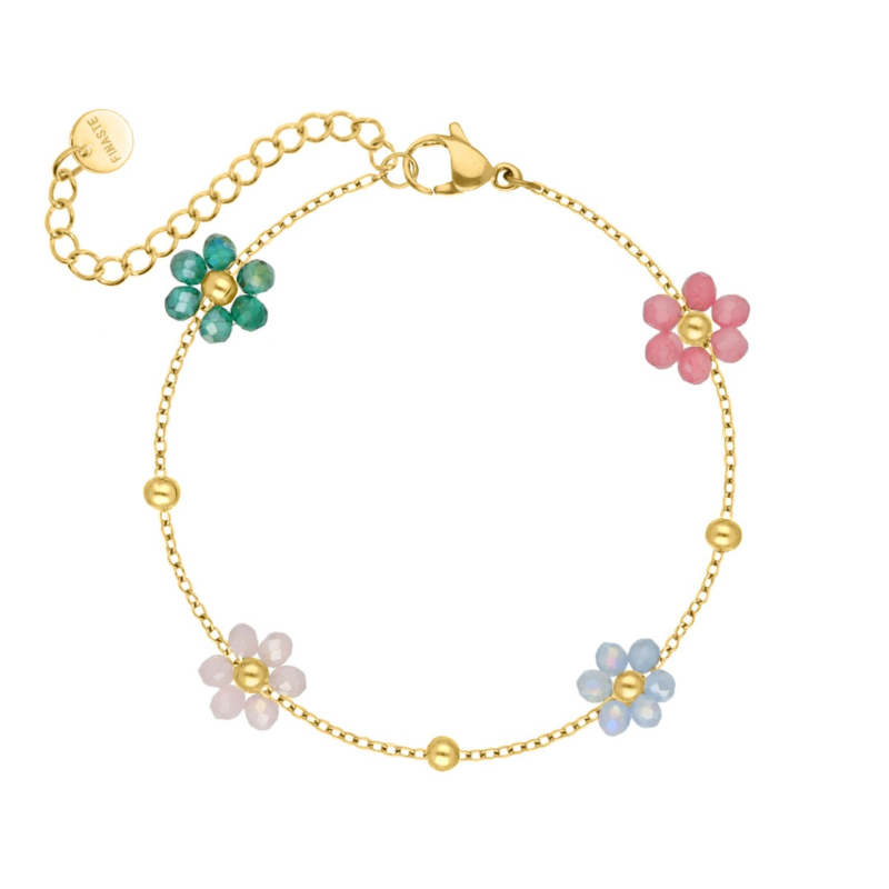 Armband met bloemetjes multicolor goudkleurig