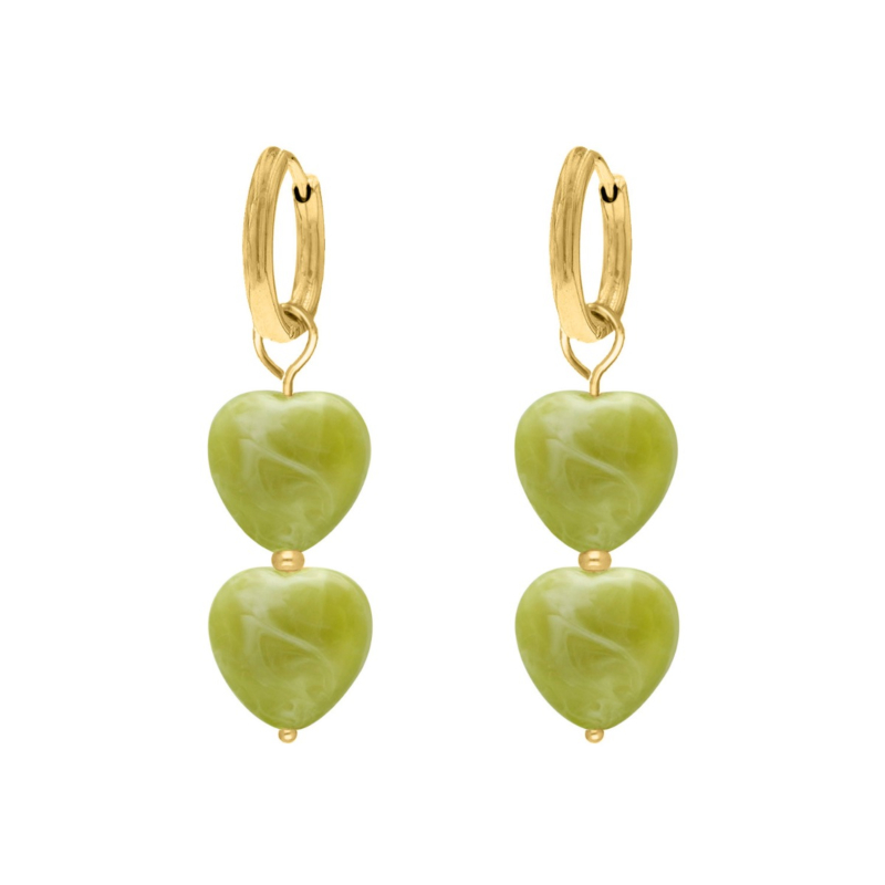 Dubbele hartjes oorbellen groen goudkleurig