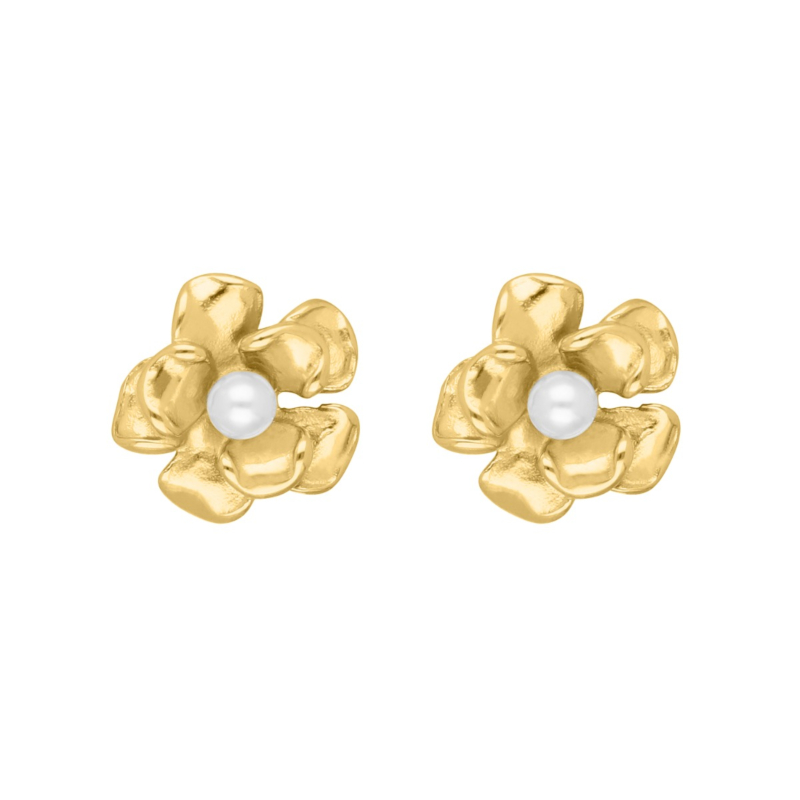 Stud oorbellen flower & pearl goudkleurig