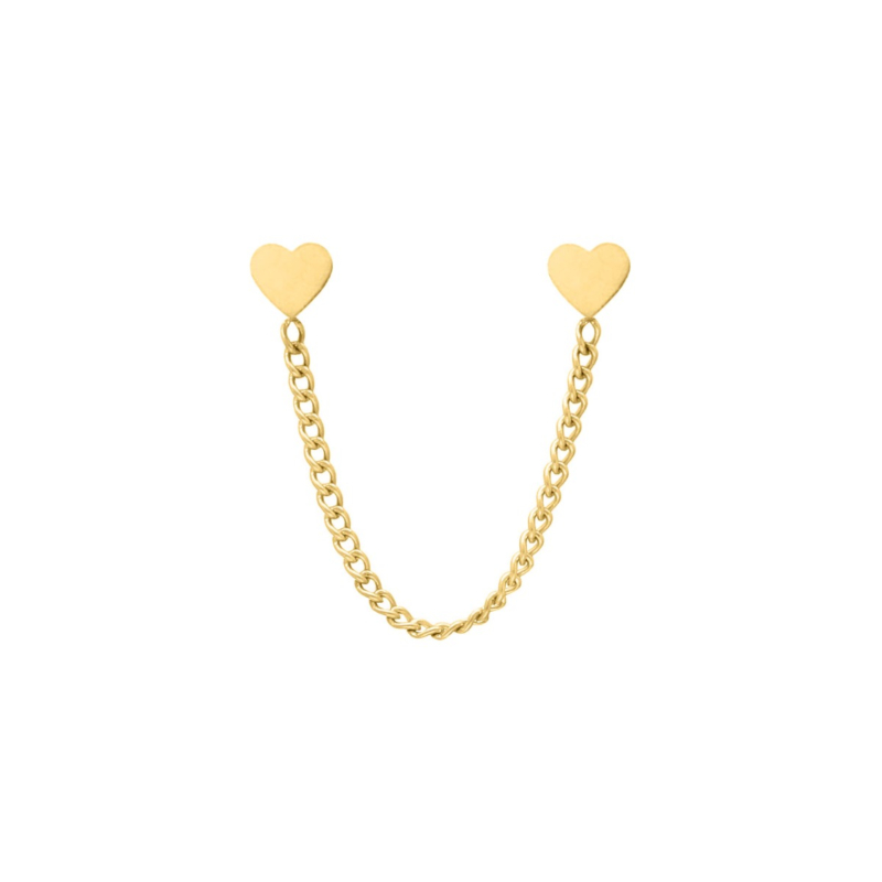 Dubbele hartjes oorbel met kettinkje goudkleurig