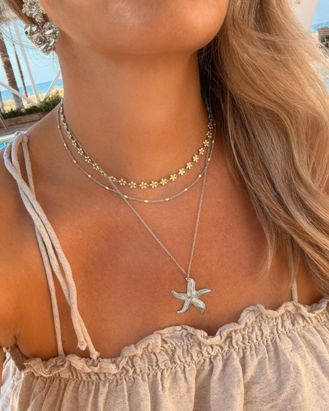 Zilveren necklace party met gele details