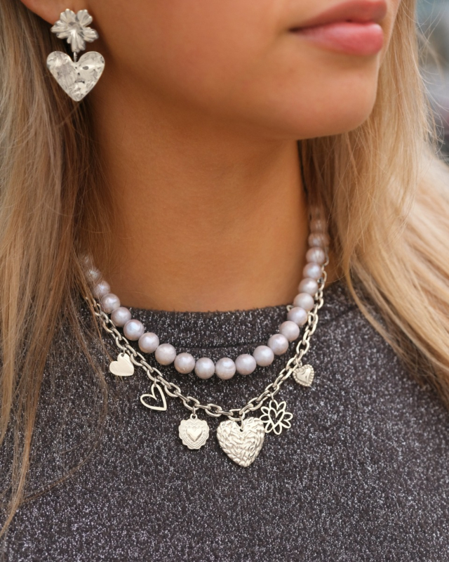 Necklaceparty met hartjes en parels zilver