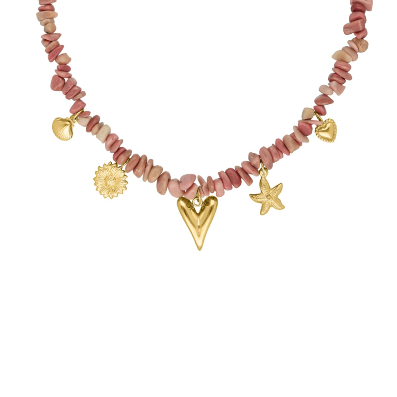 Bedelketting met roze steentjes goudkleurig