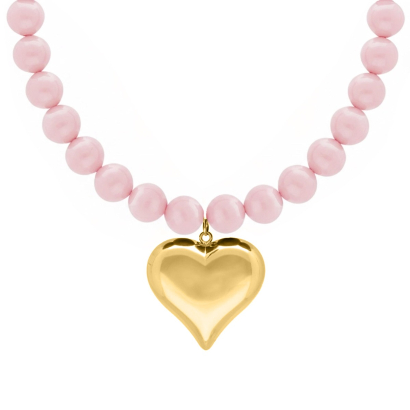 Roze kralen ketting goud hartje