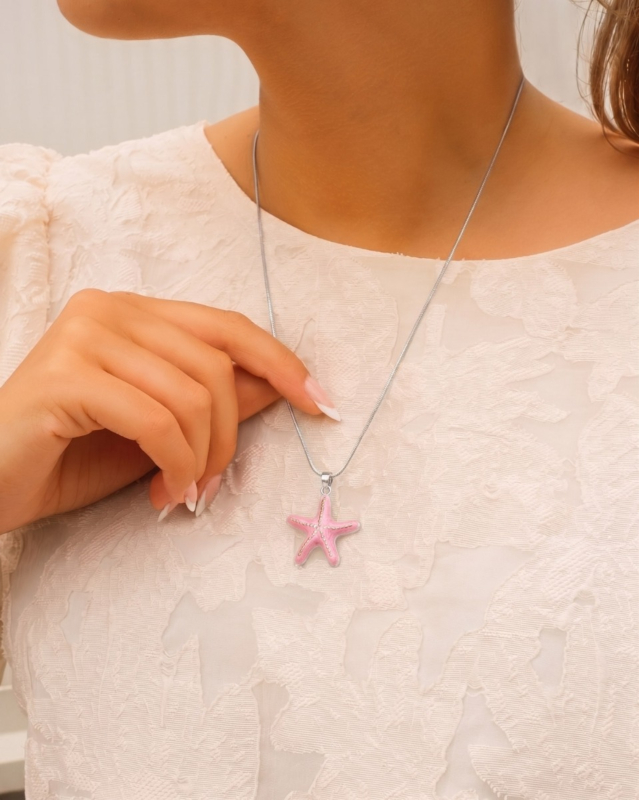 Zilveren zeester ketting roze