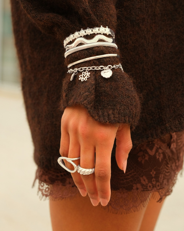 Zilveren ringen om vingers van model